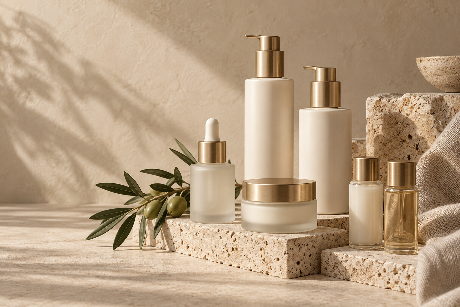Illustrative concept of a coordinated cosmetic collection in ivory and gold packaging