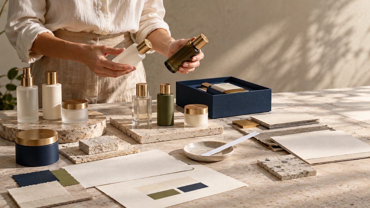 Illustrative cosmetic packaging concept with bottles, a serum and a cream jar